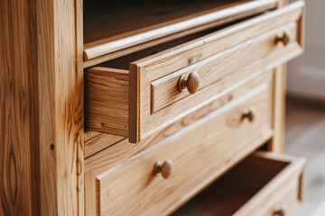 A set of wooden drawers, partially open, revealing the sleek design and craftsmanship of the piece.