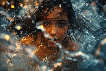 Young Woman Gliding Through Water, Symbolizing Joy and Grace, A Moment of Serenity and Freedom, Stunning Water Photography