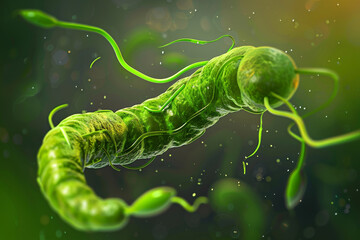 A close-up, vibrant image of a green bacterium, showcasing its textures and complex structures in a magnified view.
