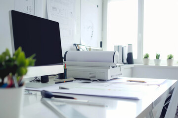 A sleek office setup with a large plotter and blueprints on a clean white table, bathed in sunlight through large windows, embodying an organized and creative space.
