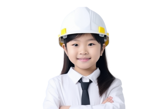 Asian girl child wearing engineering helmet with arms crossed Isolated on white background