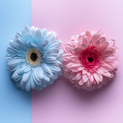 A minimalist floral artwork using soft pink, light blue, deep black, and pure white colors. Highlights color contrast and balance. Suitable for contemporary visual projects.A minimalist abstract art