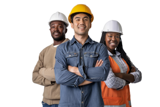 Asian foreman standing proudly with African American coworkers isolated on white background
