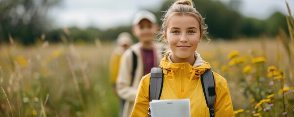 Young female student with backpack explores nature and foliage during an outdoor environmental education field trip or nature excursion surrounded by lush greenery and wildflowers