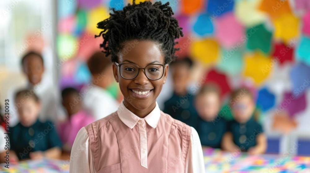Poster smiling teacher guiding and collaborating with a diverse group of students on a group project in a v