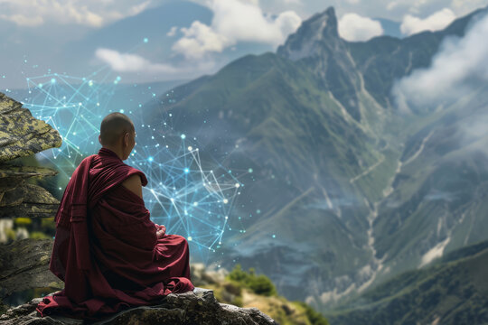 A serene monk sits meditating on a rocky precipice overlooking majestic mountains, interconnected by a web of digital lines, symbolizing harmony between nature and technology.