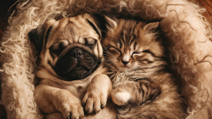 Obraz premium Pug puppy and a fluffy Norwegian Forest kitten Sleeping Together: Pet Photography, dog and cat lying on a plush blanket in a photo studio.