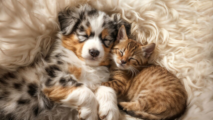 Australian Shepherd Puppy and Abyssinian Kitten sleeping together - Dog and Cat in deep sleep under a white fluffy blanket.