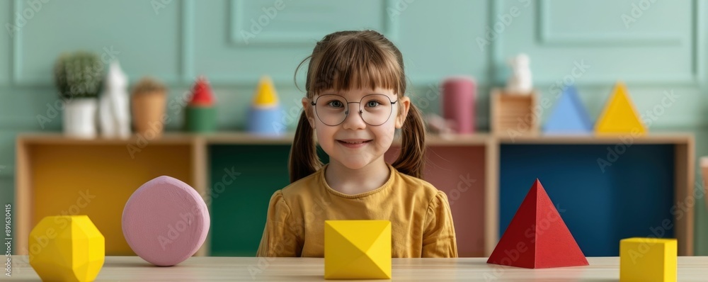 Poster cheerful young female educator explaining basic geometry concepts to primary school students using i