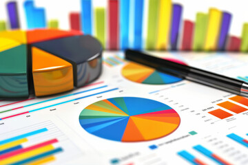 High-angle view of vibrant pie and bar charts with a pen on a bright desk, capturing an analytical and productive workspace vibe.