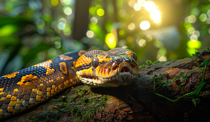 Obraz premium Python Snake Resting On Branch In Forest. A python snake rests on a branch in a lush green forest, sunlight filtering through the leaves.