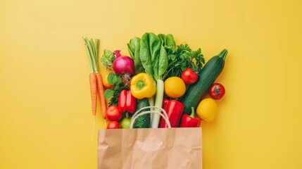 Fresh vegetables in a paper bag on yellow background. Colorful healthy food concept. Ideal for grocery store promotions, food blog illustrations, or organic market advertisements. AI