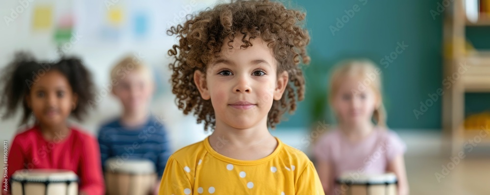 Poster primary educator guiding a group of students in a music education class with the children actively p