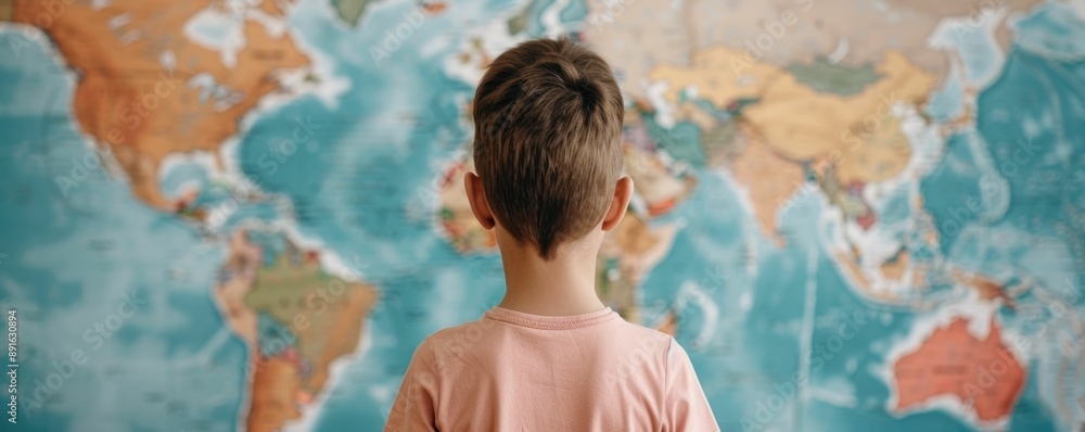 Poster curious young student standing in front of large world map on classroom wall exploring and discoveri