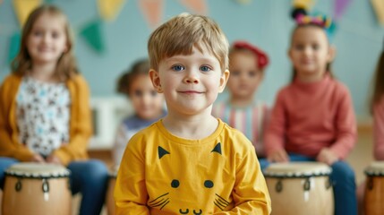 Primary music education classroom with young students playing diverse musical instruments like drums guitars and piano led by an engaged teacher promoting creative expression and talent development