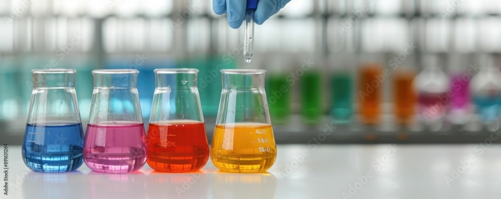 Poster chemistry experiment for primary students in classroom setting with colorful liquids and glassware t
