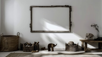 Minimalist interior design with empty picture frame sunlight and