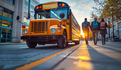 School Bus And Students Walking At Sunset. Three students walk down a city street after getting off a school bus at sunset.