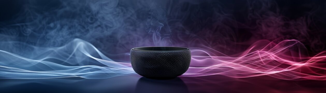 Mystical Tibetan singing bowl with vibrant red and blue energy flows, creating a serene and meditative atmosphere.