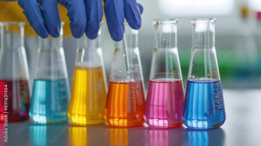 Poster chemistry teacher conducting safe and engaging hands on science experiment with colorful liquids and