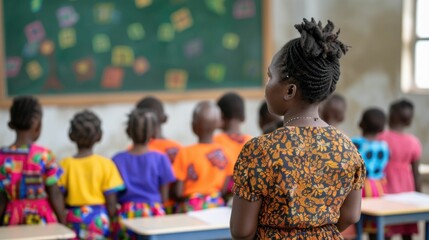 Primary educator utilizing a large informative chart to teach basic grammar and language skills to a group of diverse young students in a classroom setting promoting literacy and academic development