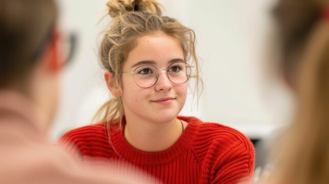 Cheerful young female student with eyeglasses receiving career advice and guidance from a dedicated mentor in a classroom setting focused on future planning and development
