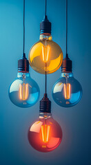 Colorful Light Bulbs Hanging Against Blue Background