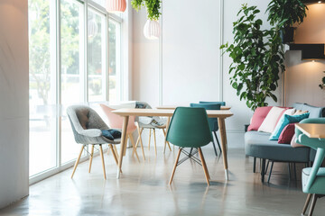 Fototapeta premium Chic and airy modern living space with an eclectic mix of chairs, a central table, and lush indoor plants.