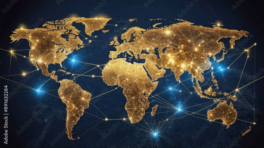 Poster a world map with illuminated nodes and connecting lines, highlighting a global network of connectivi
