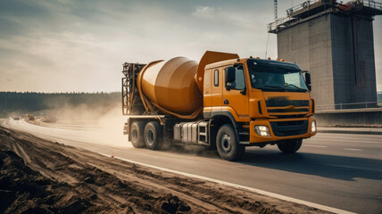 Yellow cement mixer truck driving on a dusty construction site