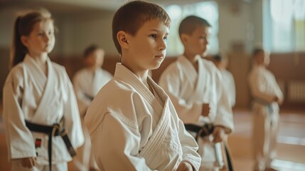 Group of children doing karate in a karate school