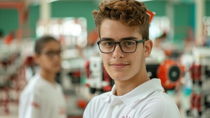 Obraz premium Mentor Guiding Students Through Robotics Engineering Workshop Practical Learning Experience Focused on Developing STEM Skills Technology Innovation and Academic Growth