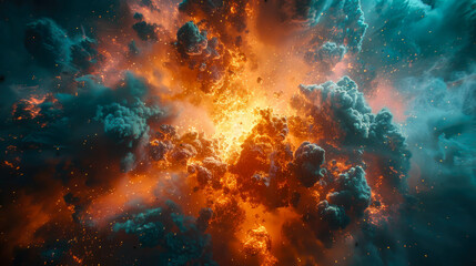 Fototapeta premium An intense explosion with vibrant orange and blue smoke and fire, capturing a dramatic and dynamic moment
