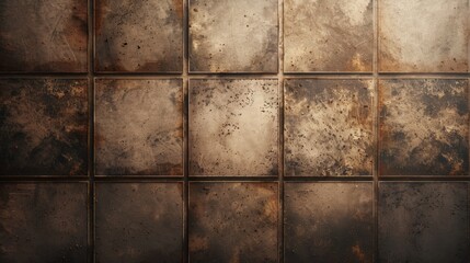 Close-up of a grungy industrial tile wall, showcasing aged and weathered textures with a rustic, metallic appearance.