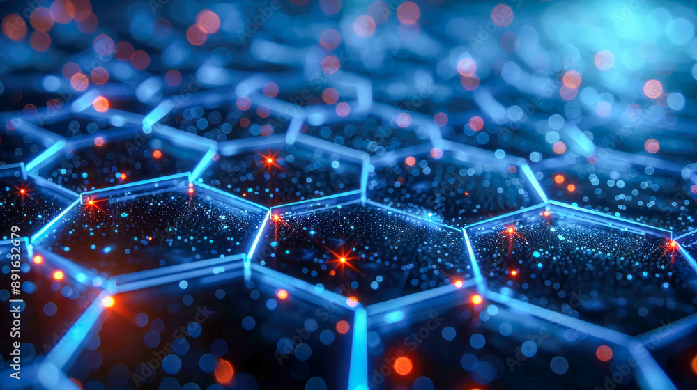 Poster a close-up of a hexagonal network structure with glowing orange edges and blue-tinted glass-like cel