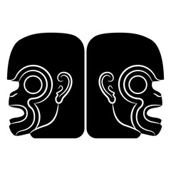 Symmetrical animal design with two stylized monkey heads in profile. Ethnic motif of Maya Indians from ancient Guatemala. Black and white silhouette.