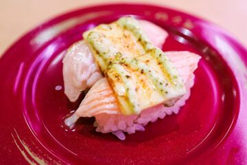 Top view of Japanese fresh salmon sushi with Japanese rice in red plate, focus selective