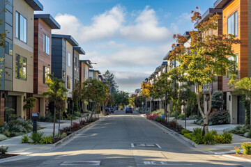 A picturesque suburban street lined with modern townhouses, lush greenery, and a clear blue sky, capturing the essence of peaceful residential living.