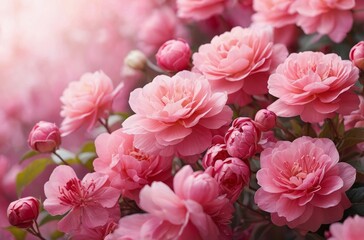Close-up cluster of delicate pink roses in full bloom with soft blurred background