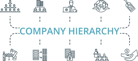 Company Hierarchy thin line icon set. Monochrome simple Company Hierarchy icon collection. Hierarchy, Organization, Employee, Globalization, Brand, Production, Branch Office, Budget, Conference