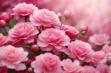 Fototapeta premium Close-up cluster of pink roses in full bloom with soft light and blurred background