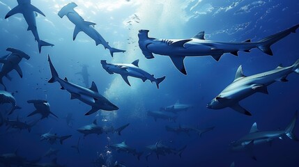 Obraz premium Majestic Group of Hammerhead Sharks Swimming in the Ocean Depths