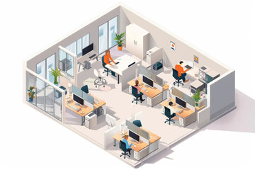 Obraz premium A compact office space with employees focusing on their tasks in a bright, minimalist environment featuring modern office furniture.