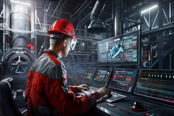 A focused technician in a red hard hat operates complex controls in an industrial facility, multiple screens displaying data around him.