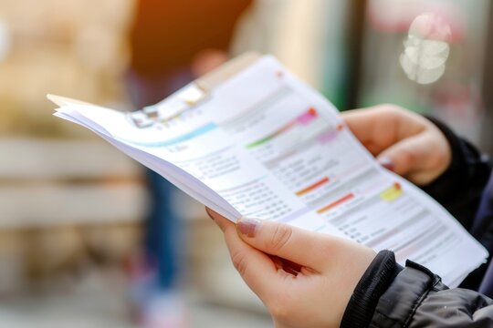 A close-up of a hand holding a report card with good grades and positive comments from the teacher.