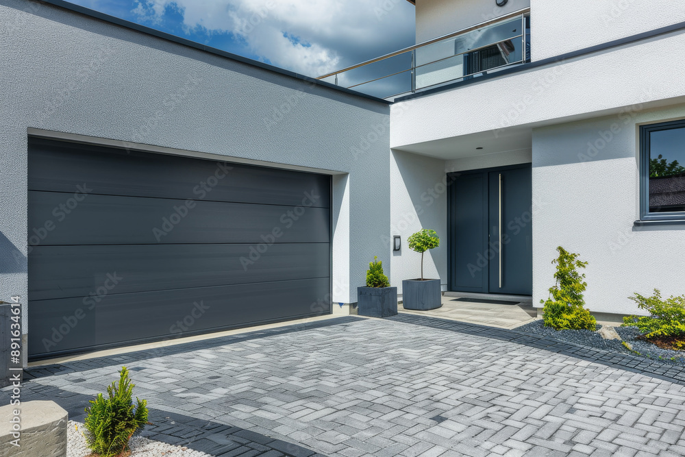 Wall mural minimalistic, gray and white house exterior with a dark garage door and neat entrance, surrounded by