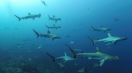 Obraz premium School of Hammerhead Sharks Gliding Through Ocean Depths