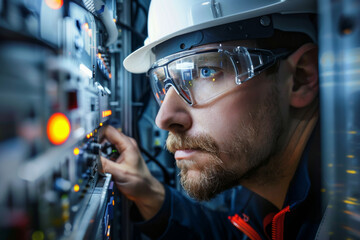 A determined technician, dressed in protective gear, meticulously adjusts components inside a server rack, illuminated by various indicators.