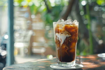 A refreshing glass of iced coffee, topped with milk swirls, sits on a table glistening in the soft morning sunlight in a cozy outdoor setting.