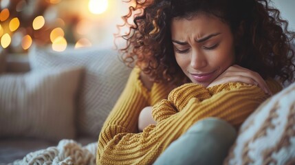 Close-up of a woman curled up on a couch, holding her stomach in discomfort from menstrual cramps 